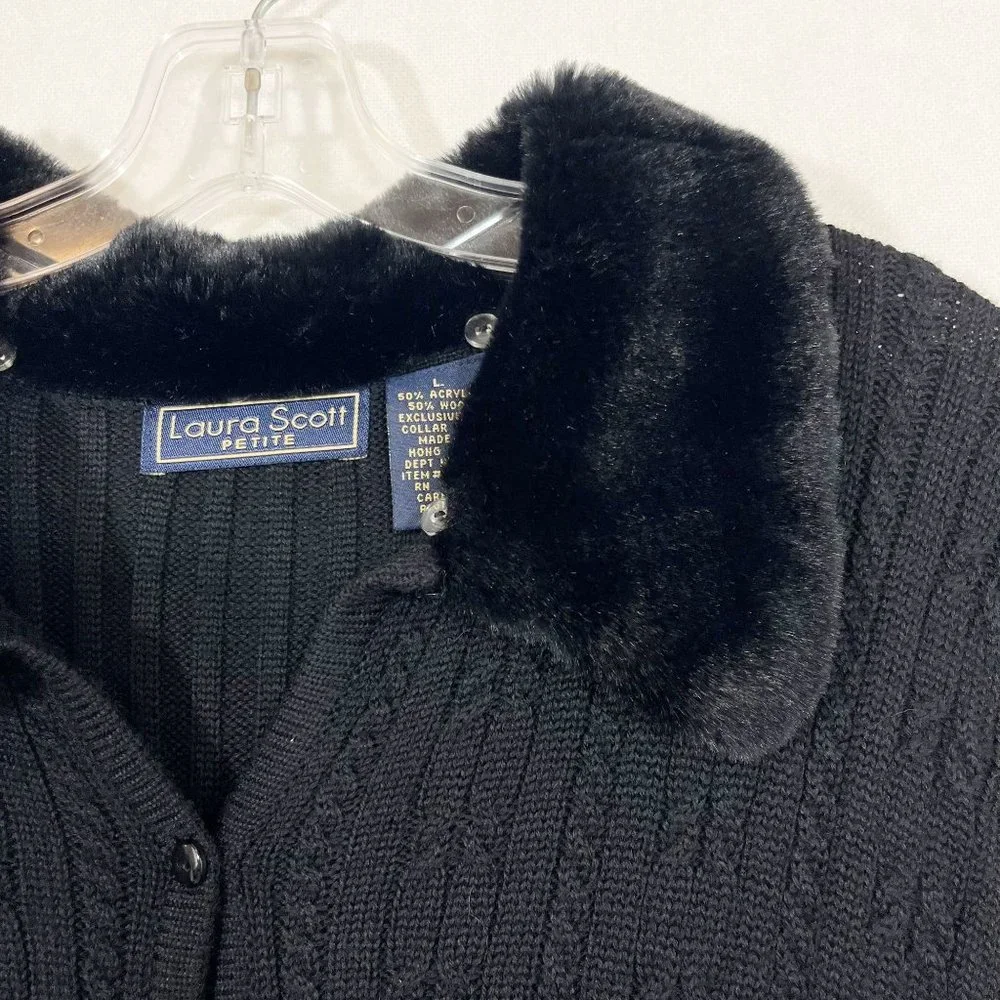 Vintage Black Cable Knit Fur Collar Button Front Cardigan Sweater Y2K - Size LP